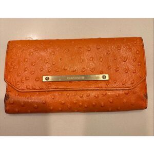 Brahmin Orange Ostrich Embossed Leather Wallet Clutch Snap Closure Card Organize